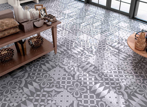 Miramar patterned tiles on living room floor like patchwork